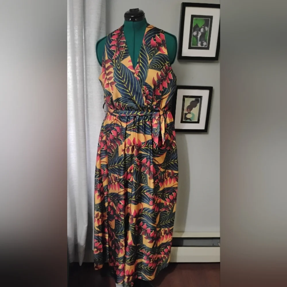 Coolples Tropical Printed V-Neck Sleeveless Maxi Dress, Sz L - Picture 7 of 14